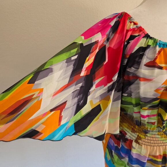 Trina Turk Bright Abstract Colorful Silk Blouse Smocked Batwing Sleeve Size P - Picture 3 of 10